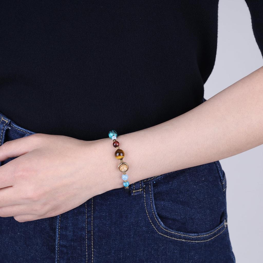 Koai Mattschwarzes Onyx-Sonnensystem-Motiv Kraftstein-Armband für Männer und Frauen