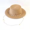 Neue Damen Sommerhüte Stroh-Sonnenhut Panama Elegante Stroh-Fedora-Hüte Damen Mädchen Outdoor-Urlaub mit Perlenkette Sonnenschutz Strandhut