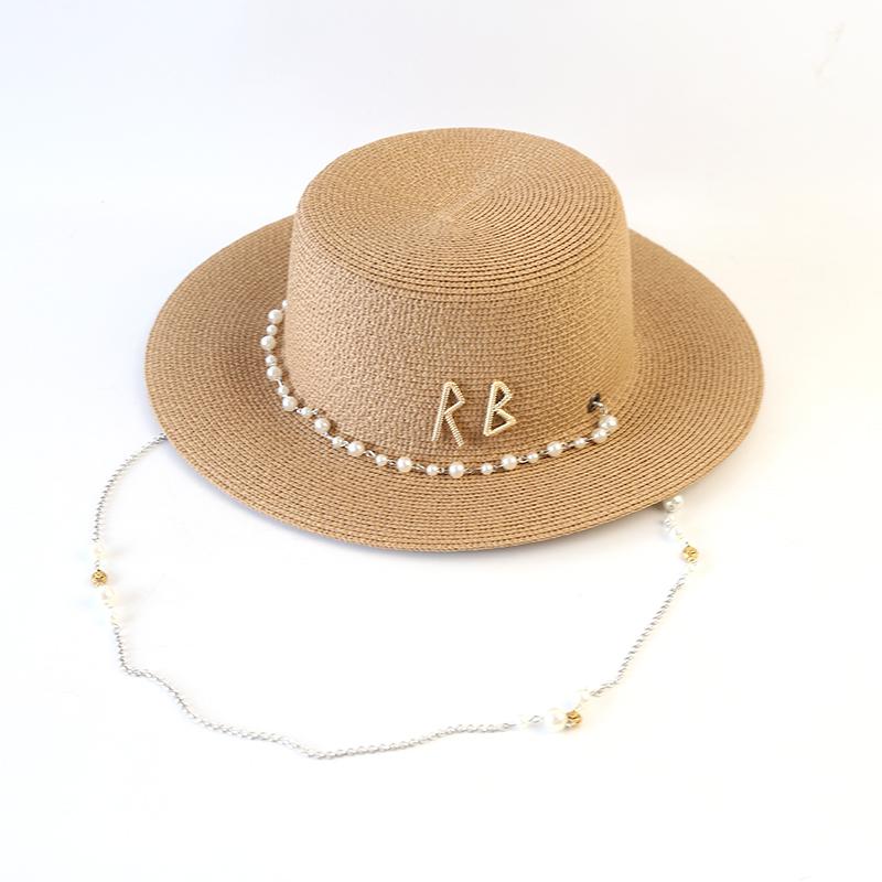 Neue Damen Sommerhüte Stroh-Sonnenhut Panama Elegante Stroh-Fedora-Hüte Damen Mädchen Outdoor-Urlaub mit Perlenkette Sonnenschutz Strandhut