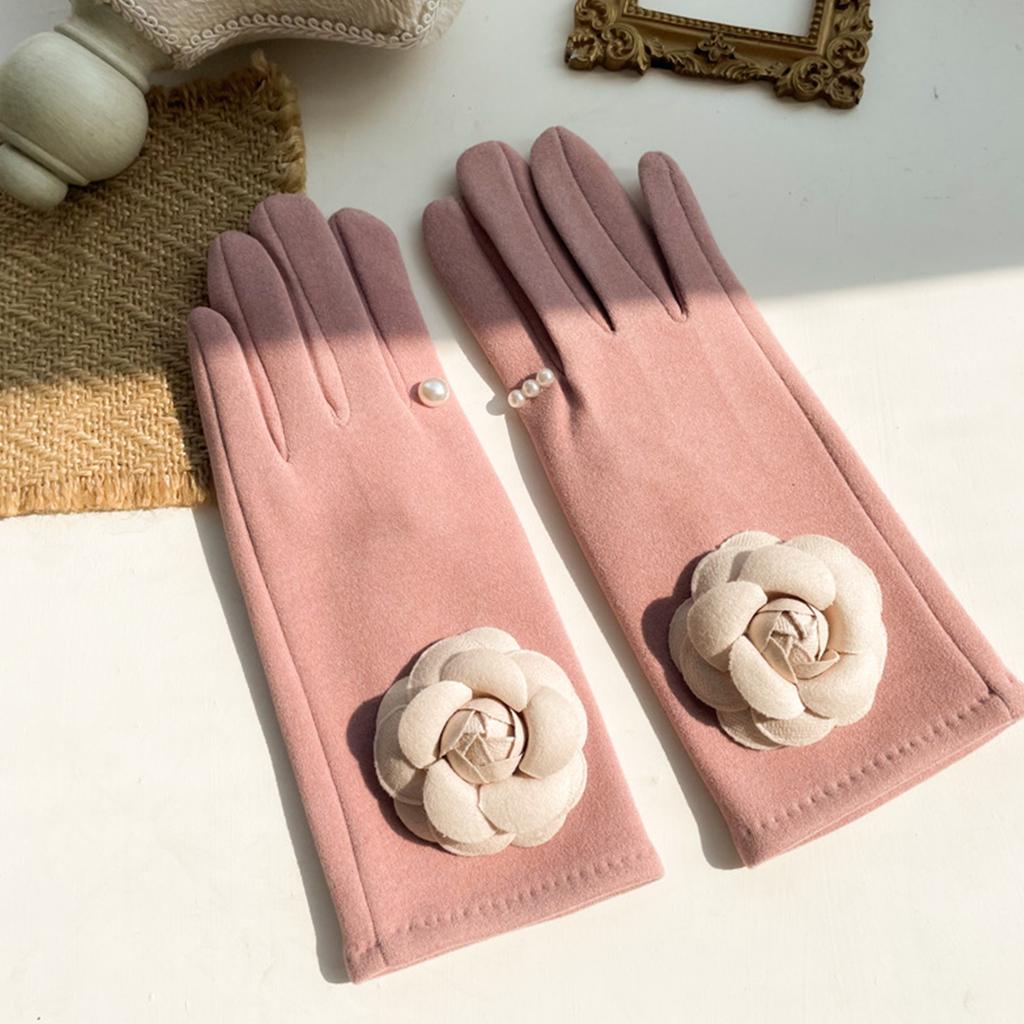 Camellia Pearls Mittens Winter Full Finger Warm Touching Screen Keep Warm Outdoor Thermal Gloves Gloves