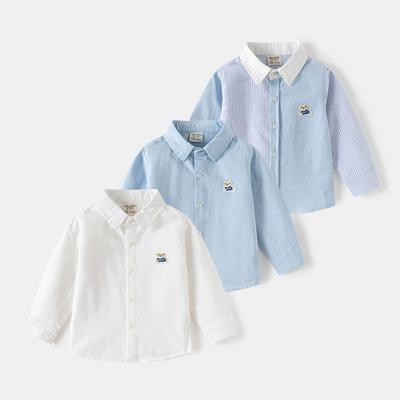 Boys Striped Embroidered Shirt Long Sleeve Casual Button Down Loose Fit Top for Kids