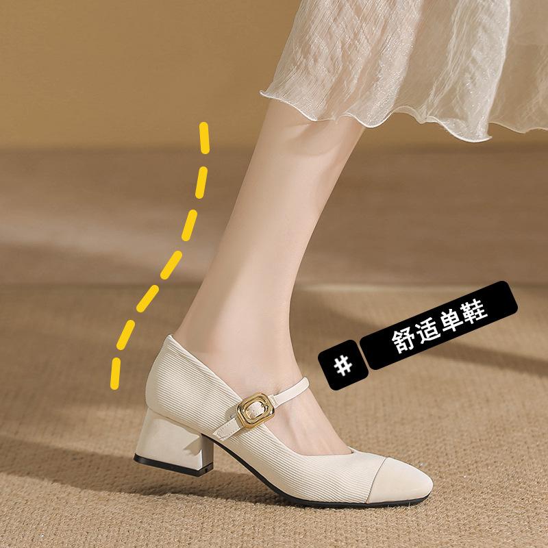 Mary Jane shoes spring and summer new square head evening breeze single shoes women's medium thick heel one-word buckle with shallow mouth wedding