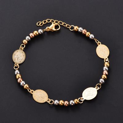 Vintage Virgin Mary Bracelets for Women Men, Stainless Steel Round Beads Hand Chain, Elliptical Religion Faith Jewelry