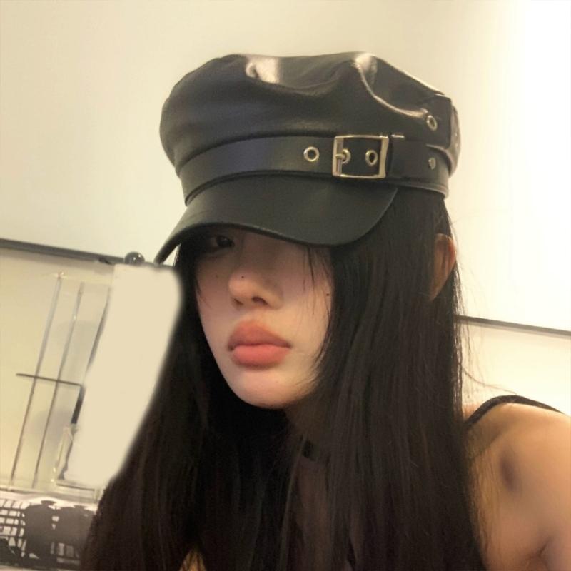 PU Painter Hat Flat Hat British Beret for Dating Photography Cabbie Headwear Painter Hat with Star Grommet Hat