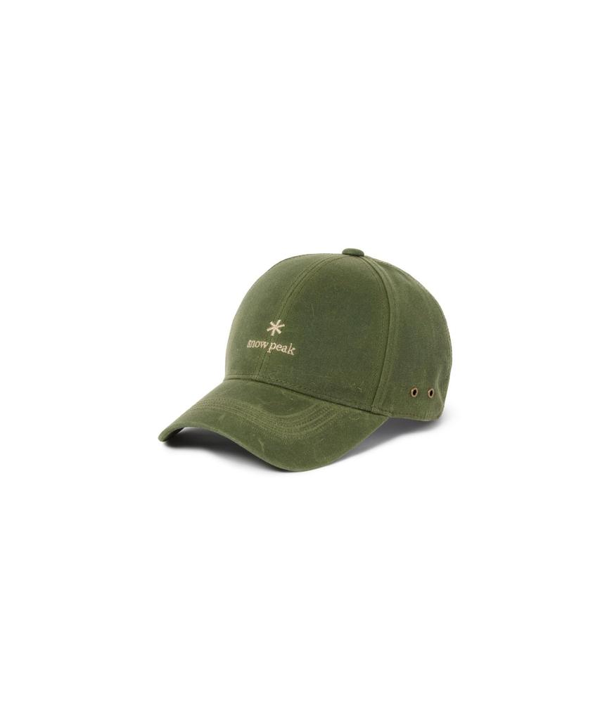 Snow Peak Oiled Cap SPTL-AC-26SU907, Olive, One Size. Unisex wax-coated cap for durable, water-resistant outdoor wear.