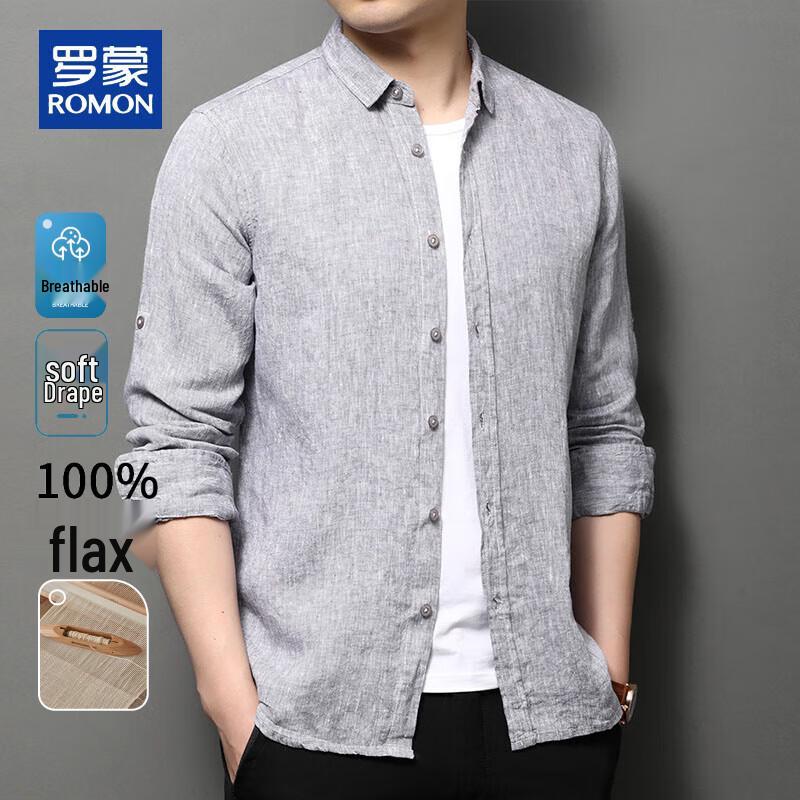 ROMON Men's 100% Linen Loose Fit Long Sleeve Shirt