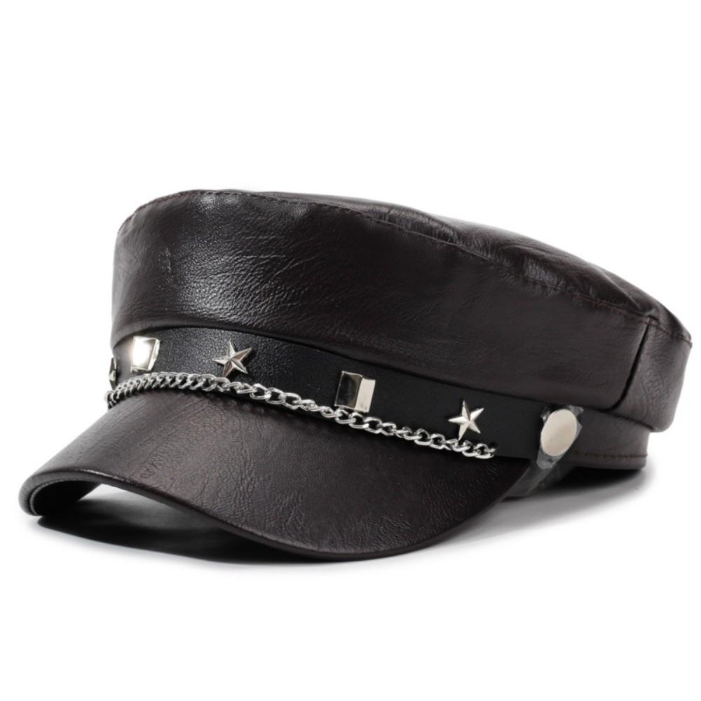 Skórzana czapka typu Baker Boy z metalowym łańcuszkiem Płaska czapka Beret w stylu vintage Czapka do noszenia na co dzień