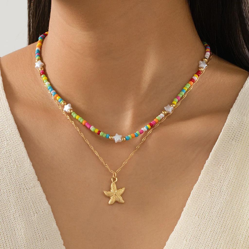 Attractive Bohemian Rice Beads Starfish Pendant Necklace for Women Handmade Imitation Pearl Beaded Choker Summer Beach Zircon