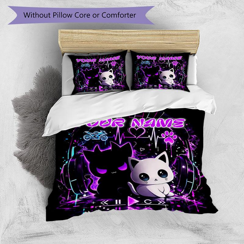 3pcs Custom Name Neon Cat Dreamscape Bedding Set Printed Bedding Set Duvet Cover Closure Includes 1 Duvet Cover & 2 Pillowcases Bedroom Decor