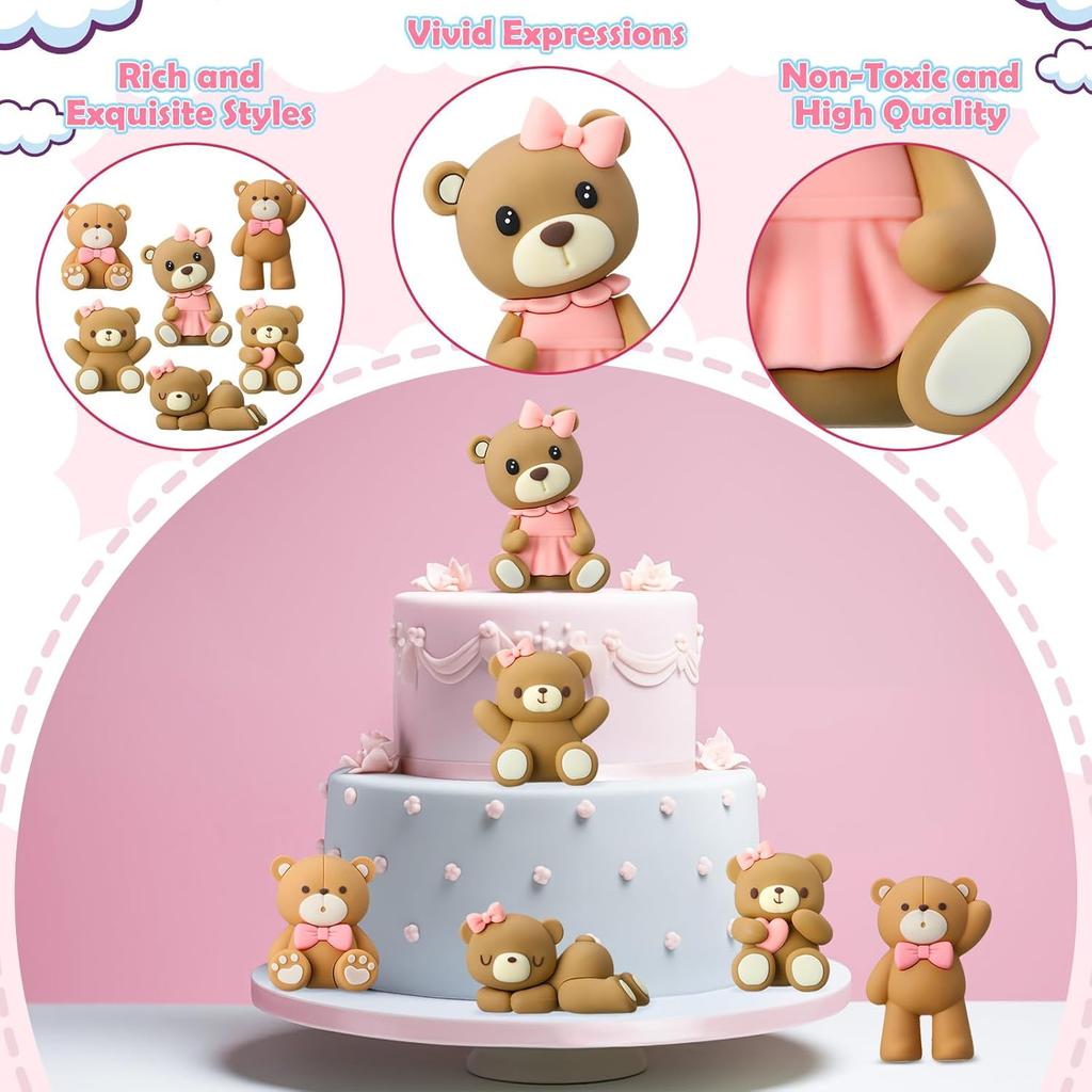 6 Pcs 3D Bear Cake Toppers Bear Cake Decorations Baby Shower Party Favors Home Ornaments for Baby Shower Birthday Party Cake Supplies Boys Girl