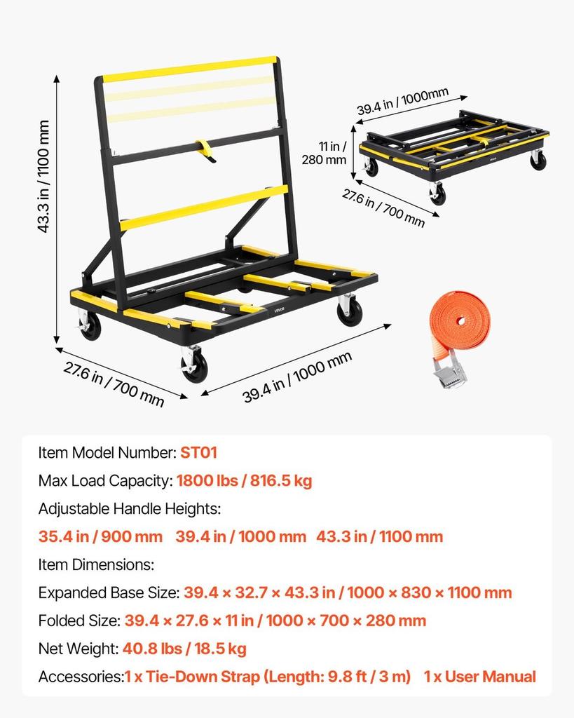 Drywall Cart Dolly, 816 Kg Load Capacity, Steel Panel Dolly with 4 Swivel Casters & Expandable Deck, Foldable Panel Truck Cart with Tie-Down Strap for