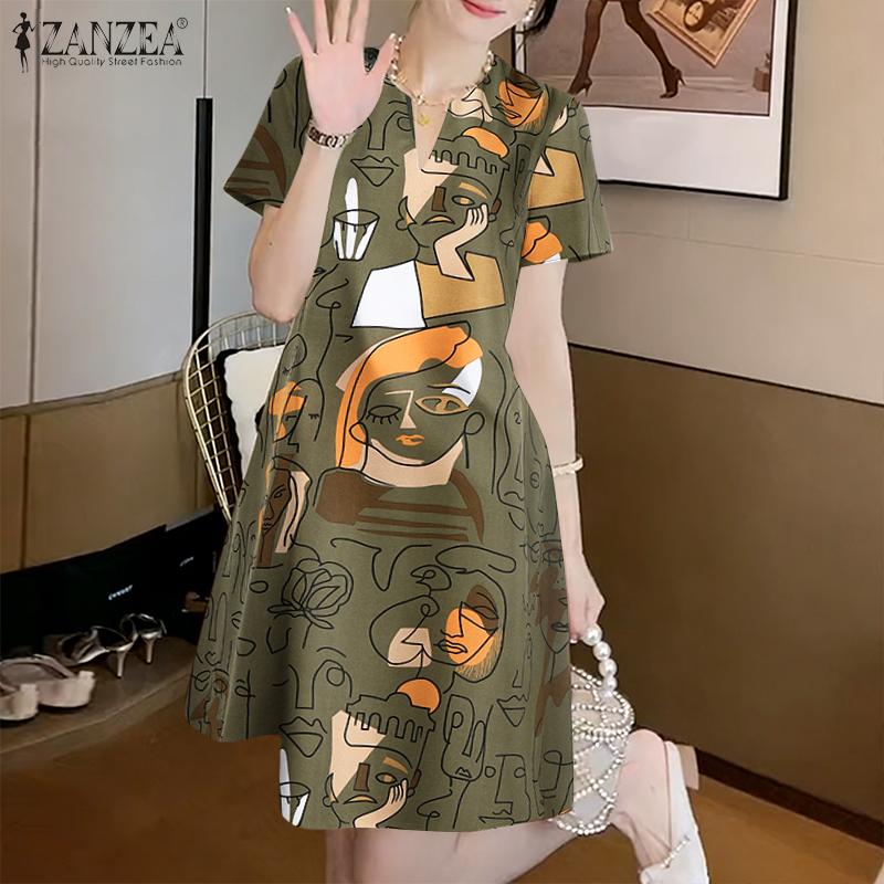ZANZEA Women Casual V-Neck Short Sleeve Loose Print Dress
