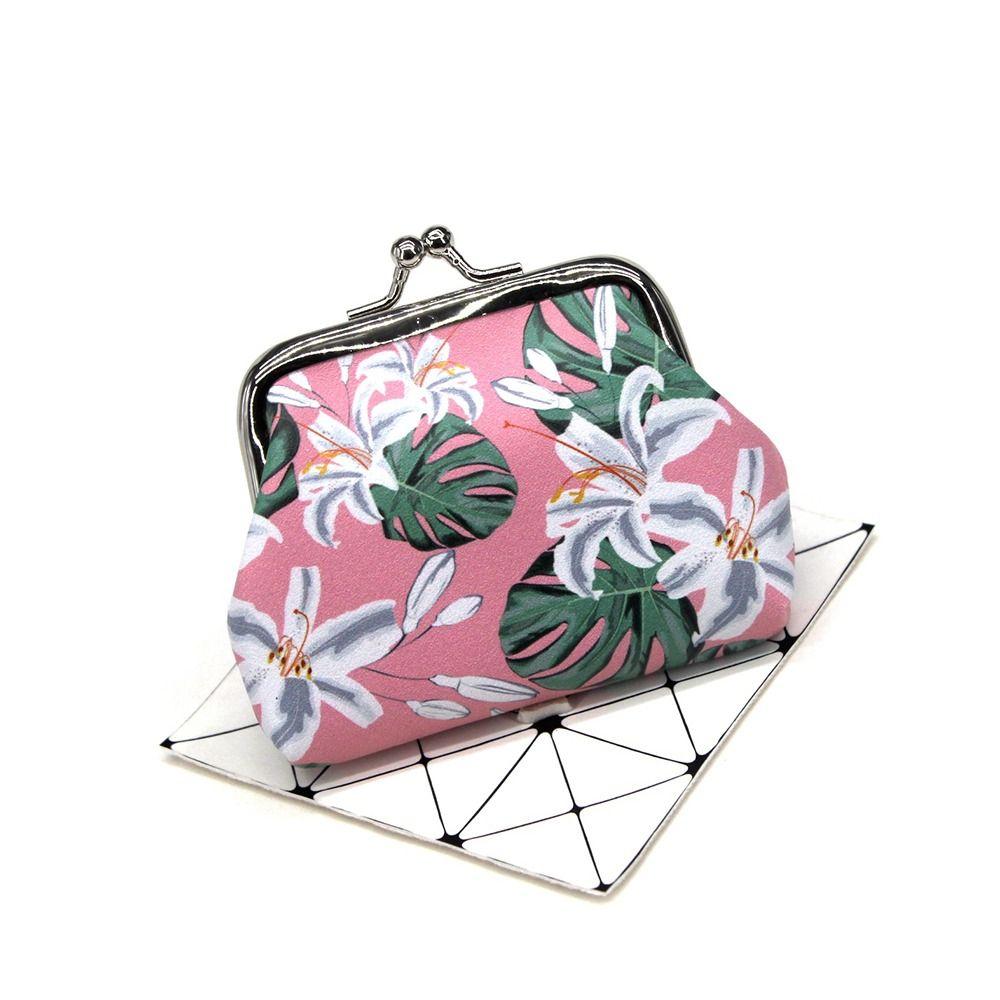 Cute PU Leather Coin Purse Flower Print Latte Clip Wallet Bag Lovely Style Convenient Handbag Women