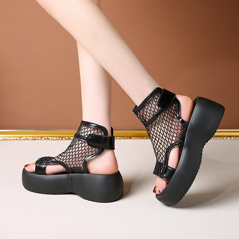 High Top Sandals Women's Summer Fashion Round Toe Open Toe Cutout Breathable Mesh Thin Platform Non-Slip Booties