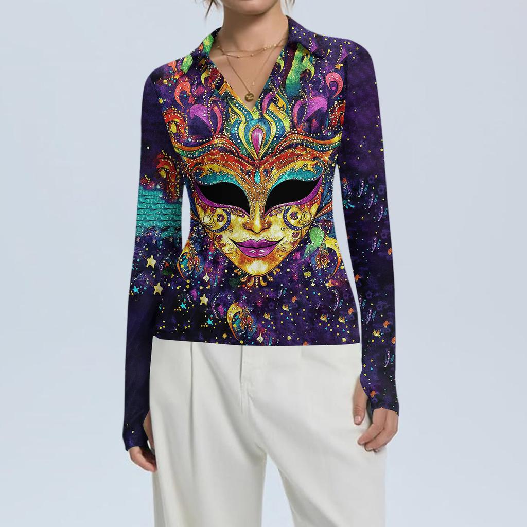 Women's Fashion Casual Print V-Neck Long Sleeve Button-Down Top