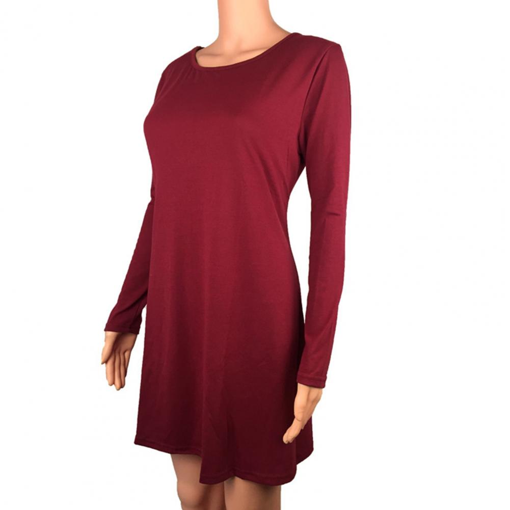 Fall Spring Women Dress Round Neck Loose Long Sleeves Pure Color A-line Pleated Mini Dress Casual Daily Wear School Work Short D