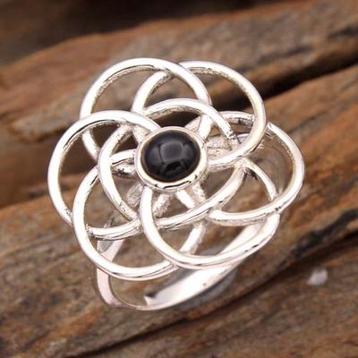 Blumenring, schwarzer Onyx-Schmuck, Silber-Charme-Ring, Silberschmuck
