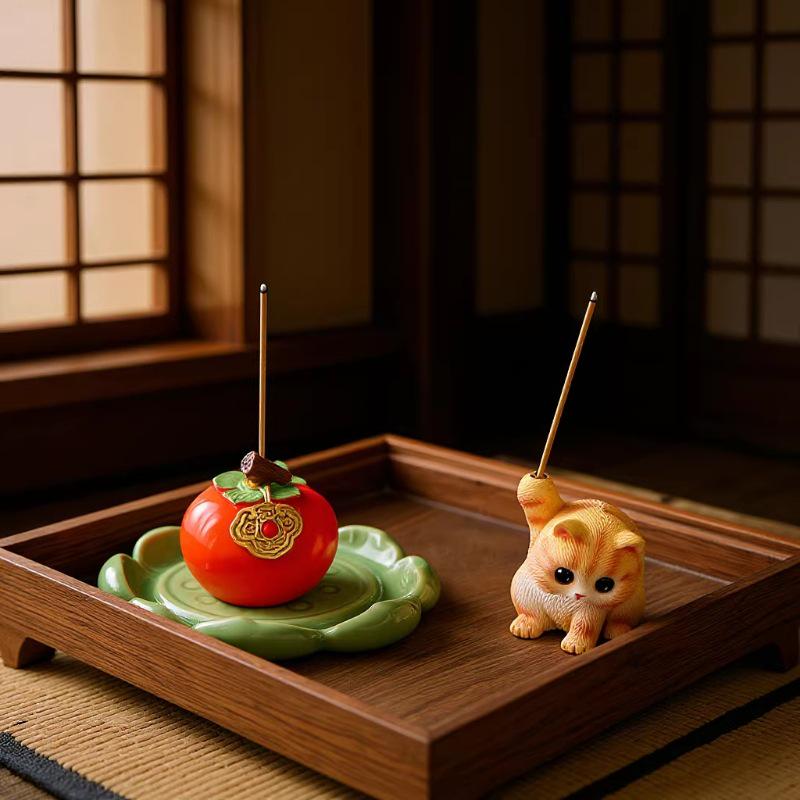 Persimmon Ruyi Zen Incense Holder: Indoor Sandalwood Coil & Stick Burner for Tea Ceremony