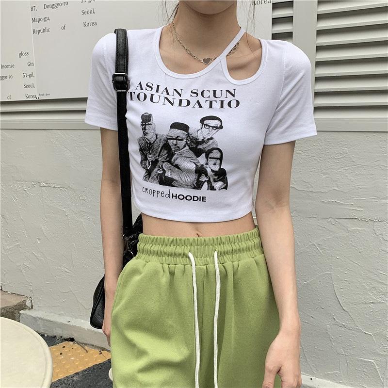 Print T Shirt Women Summer Short Sleeve Tee Fashion Hollow Out Tank Tops Casual Crop Top Female T-shirt