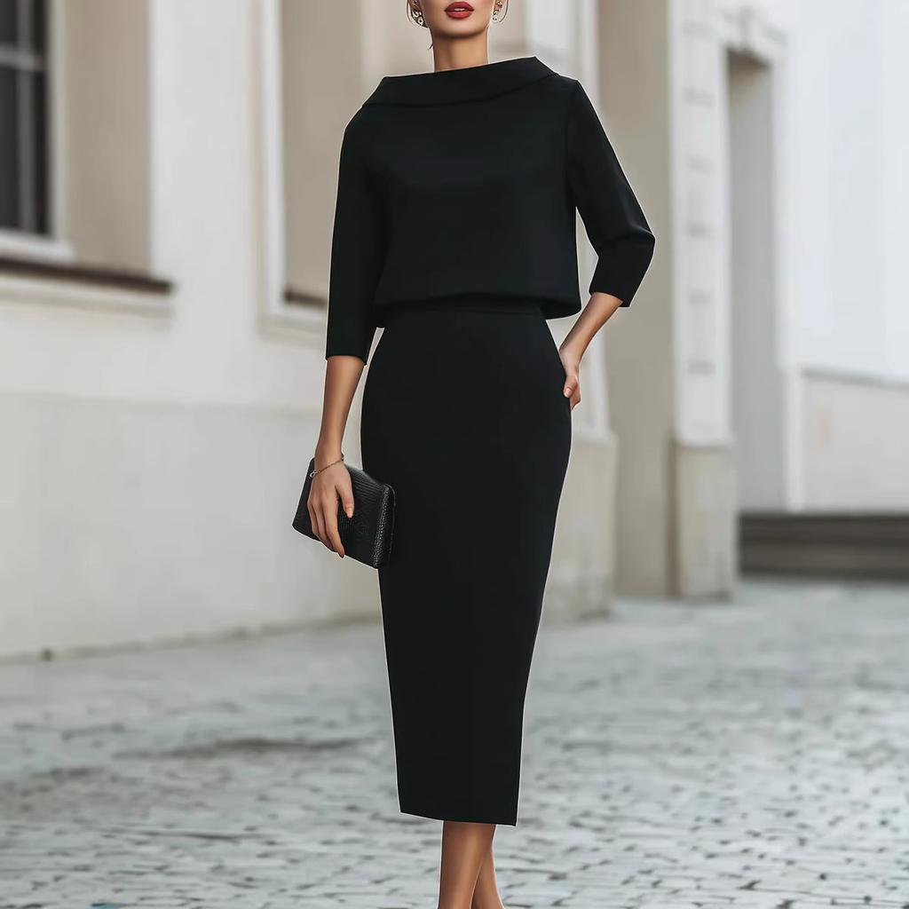 Completo Donna con Scollo ad Drappeggio e Manica a Tre Quarti, Gonna, Vestibilità Aderente, Elegante, Due Pezzi, Outfit Midi