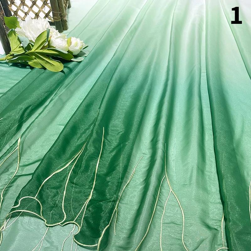 Chinese Classical Style Printed Green Leaf Chiffon Embroidery Fabric Diy Hanfu Shirts Doll Cloth Gradient Lotus Leaf Sew Fabric