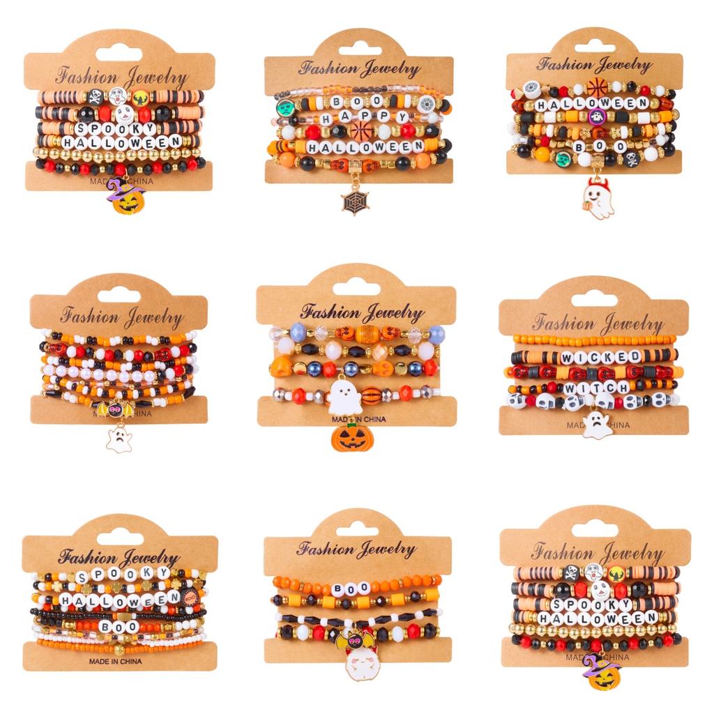 New Creative Pumpkin Skull Ghost Spider Bracelets Set for Women Handmade Polymer Clay Beads Stackable Bracelet Halloween Jewelry