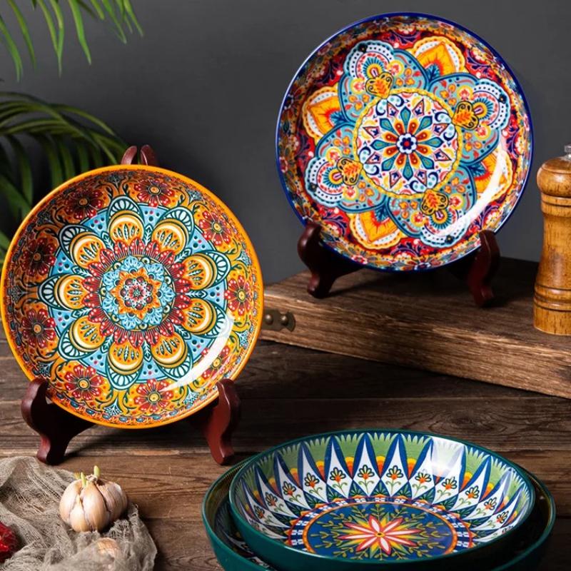 Bohemian Hand Painted Ceramic Plate 7/8 Inch, Colorful Mandala Porcelain Dinner Plate, Vintage Decorative Serving Dishes for Kitchen Dining Home Decor