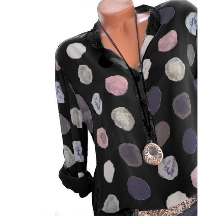 Elegant Women Fashion Polka Dots Print Chiffon Blouse With Long Shirt Sleeves