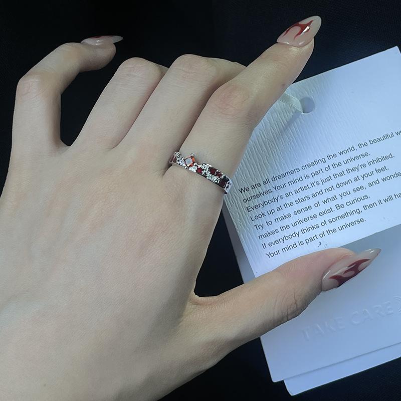 Schachbrett Karo Rot Tropfenglasur Offener Ring Retro Nischendesign High-End Zeigefingerring Stapelbar Tragen Partnerring