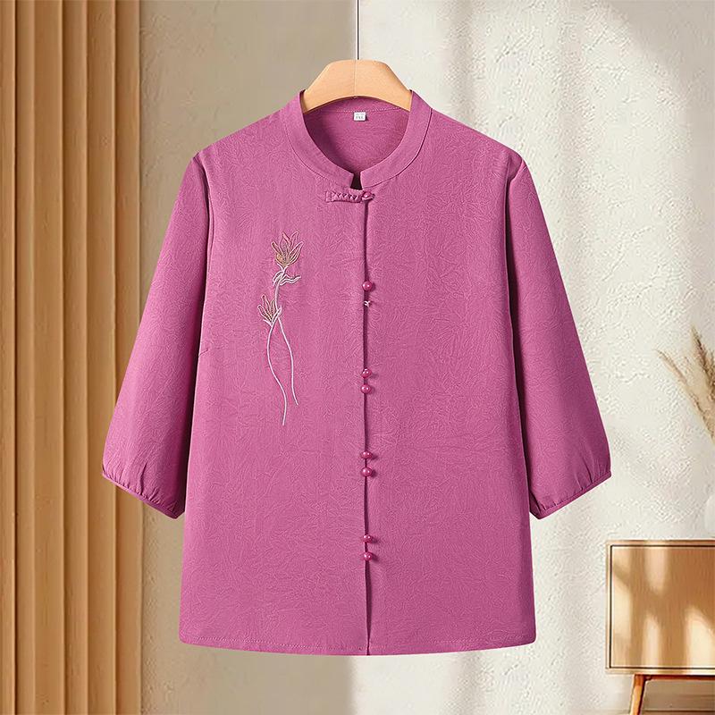 Plus-Size Chinese Style Seven-Sleeve Cardigan Shirt for Middle-Aged and Elderly Women