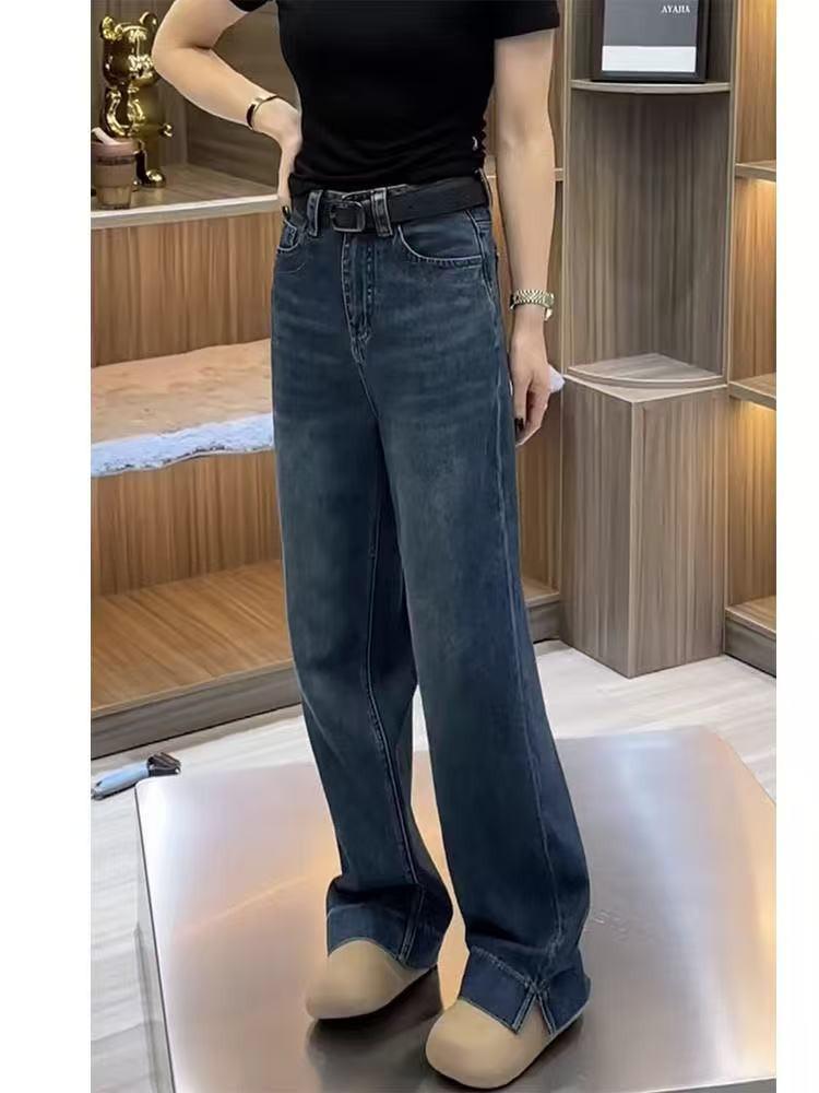 Women's Retro Blue High-Waisted Wide-Leg Jeans: Plus Size, Slimming, Versatile Straight-Leg, Autumn Style