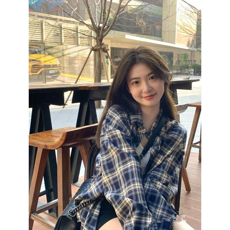 Plaid Shirt Women's Long Sleeve Top Spring and Autumn Korean Loose Retro Lazy Cardigan Shirt Jacket
