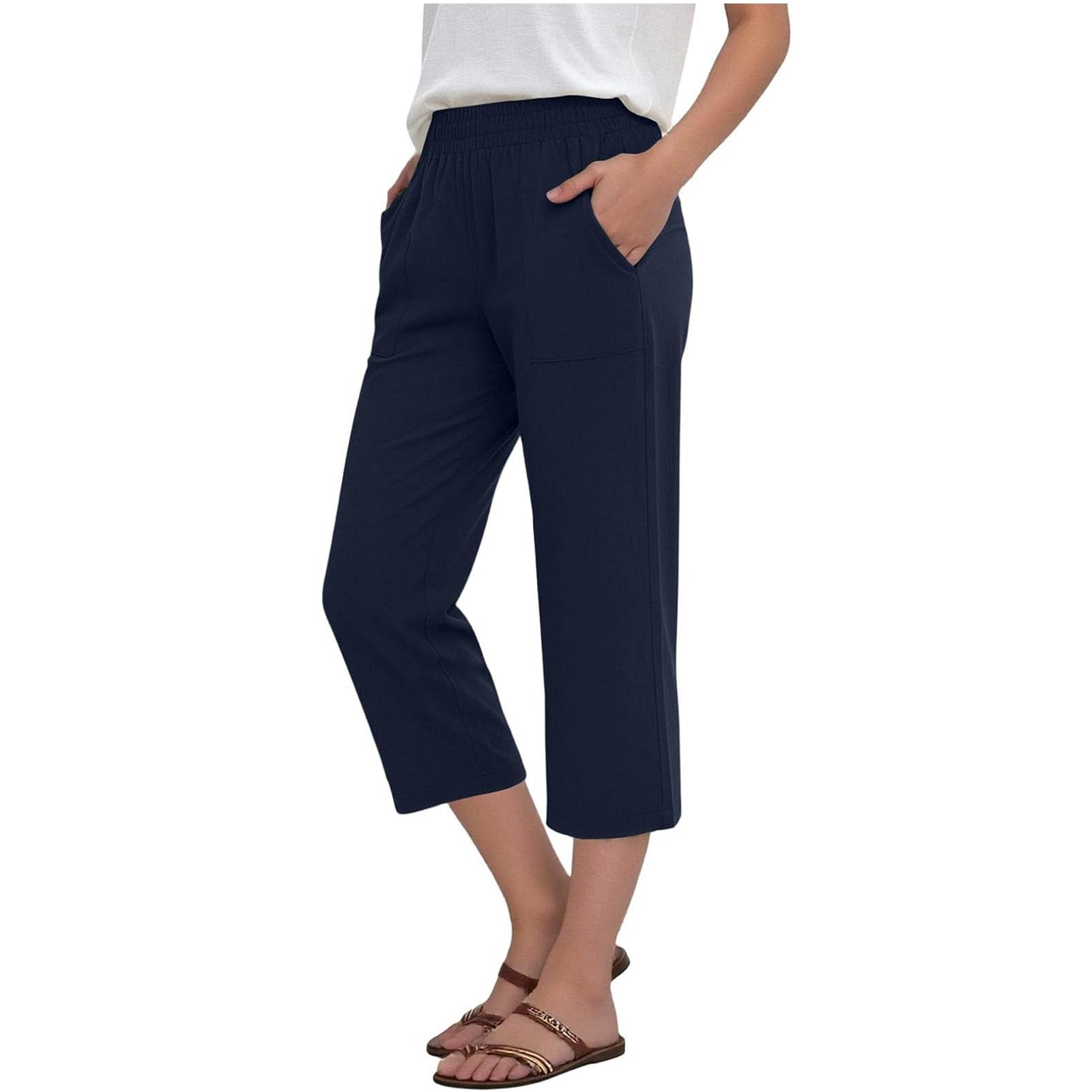 

Жіночі Еластичні Штани з Високою Талією Повсякденного Кроєння Широкі Довгі Штани З Кишенями S Темно-синій