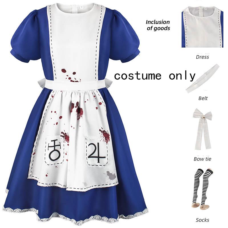 

Кровавая Алиса Косплей Костюм Аниме Alice Madness Returns Наряд горничной с нарядным фартуком, ожерельем, Хэллоуин, маскарадный костюм для женщин XS
