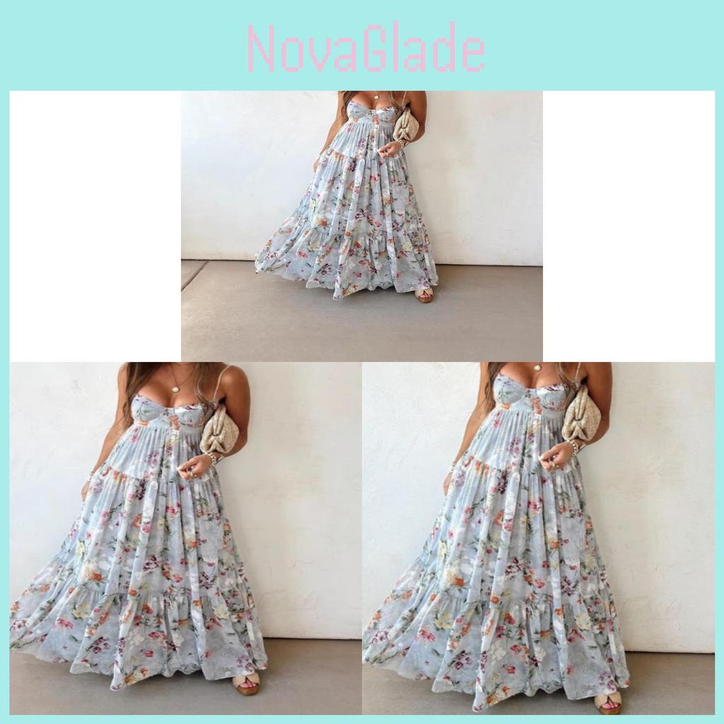 Polyester Floral Print Sleeveless Backless Dress For Summer Elegant Womens Fashion