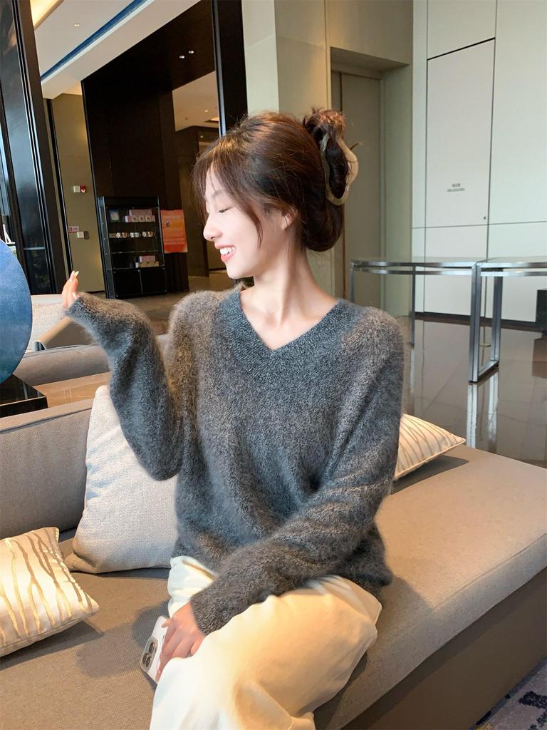 Ice Age Light Grey Brushed Cashmere V-Neck Sweater: Women's Loose Fit, 100% Cashmere