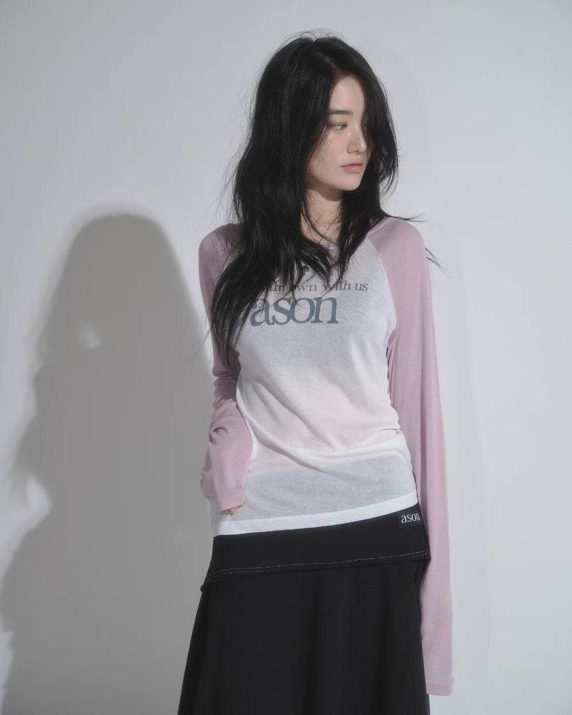 Koreanischer Stil Tencel-Stoff Colorblock Raglanärmel Langarm Damen-T-Shirt