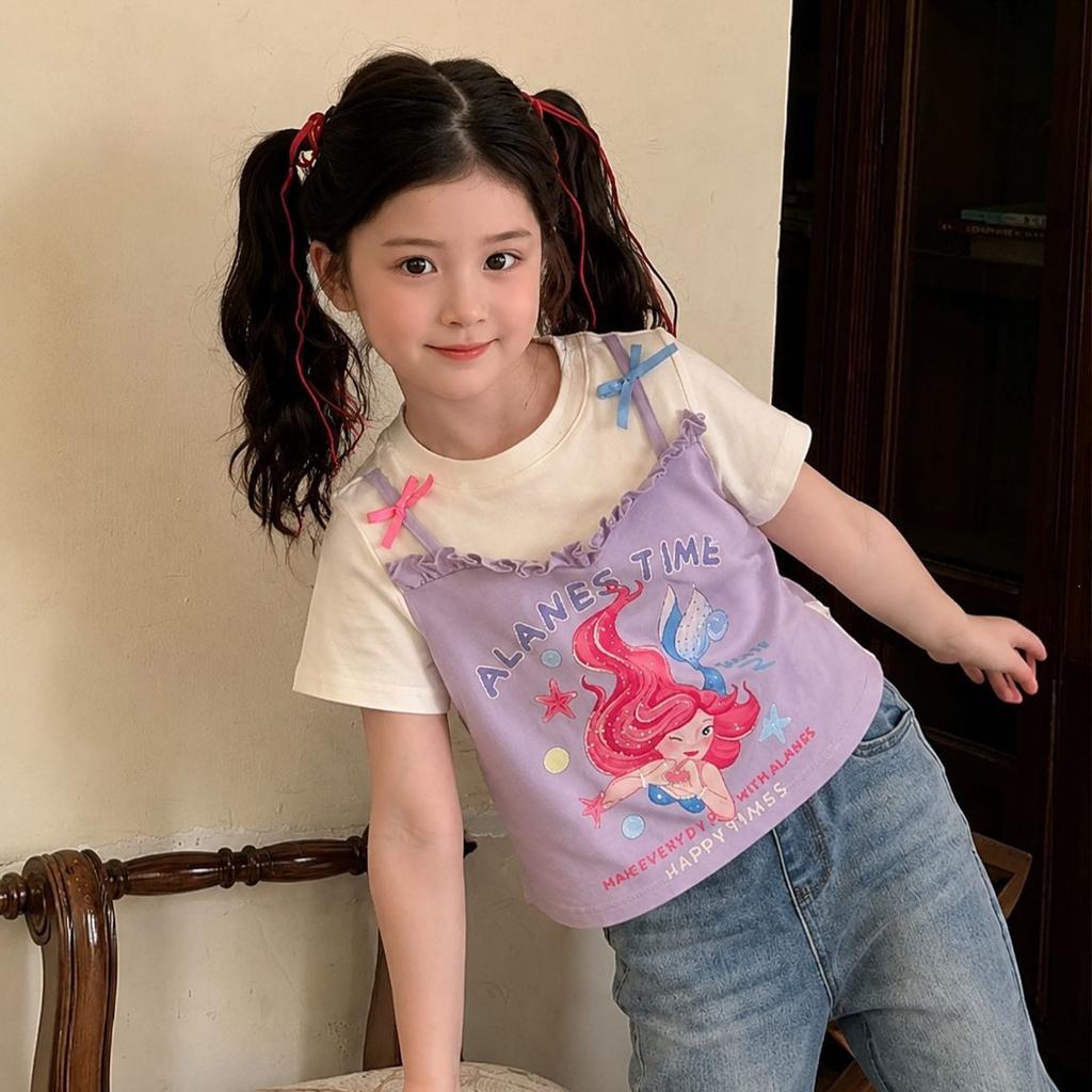 Girls Summer Cartoon Mock Two-Piece Short Sleeve T-Shirt Cute Regular Shoulder Top