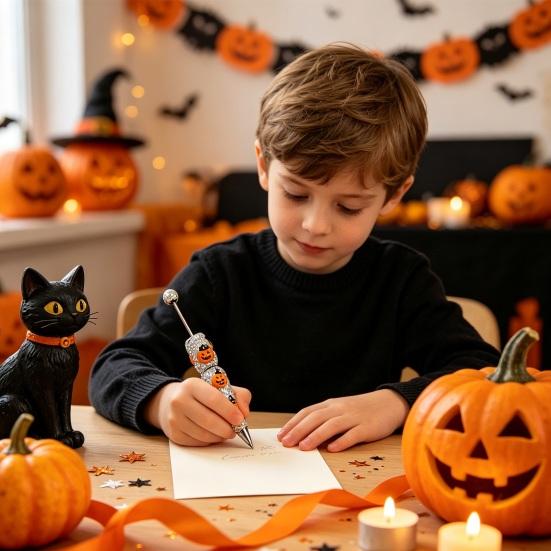 Rhinestone Writing Pen Beadable Pen, Glitter Plastic Beaded Halloween Pumpkin Ghost Skull Decorative Gel Ink for DIY Craft Making, School Office