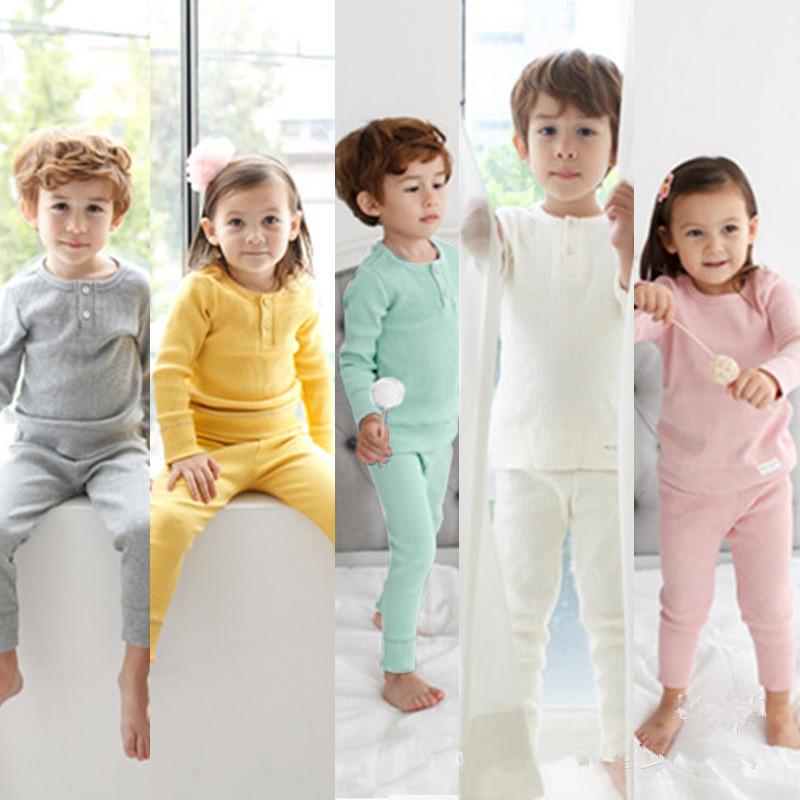 Spring & Autumn Kids' Pajamas: Solid Color High-Waist Long Johns Set for Small & Medium Children