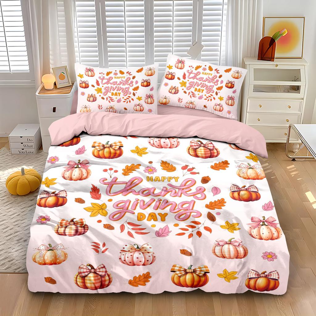 Comforter 3Pcs Pink Autumn Harvest Pumpkin Print Quilt Set With Coreless Multi Size Bedrooms Dormitories Soft Comfortable Machine Washable