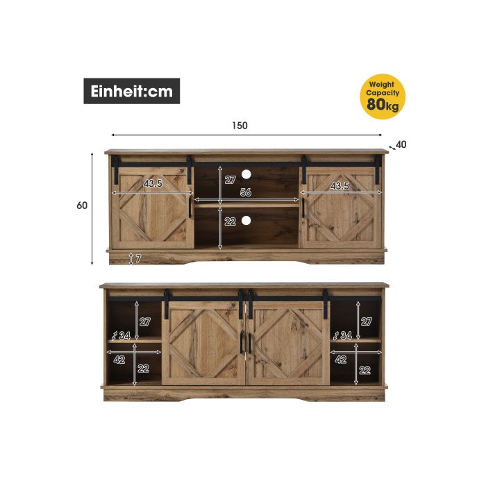 Buffet TV - MUVOE - Vintage Brown - 2 Portes Coulissantes - Étagères Réglables - 150x40x60cm