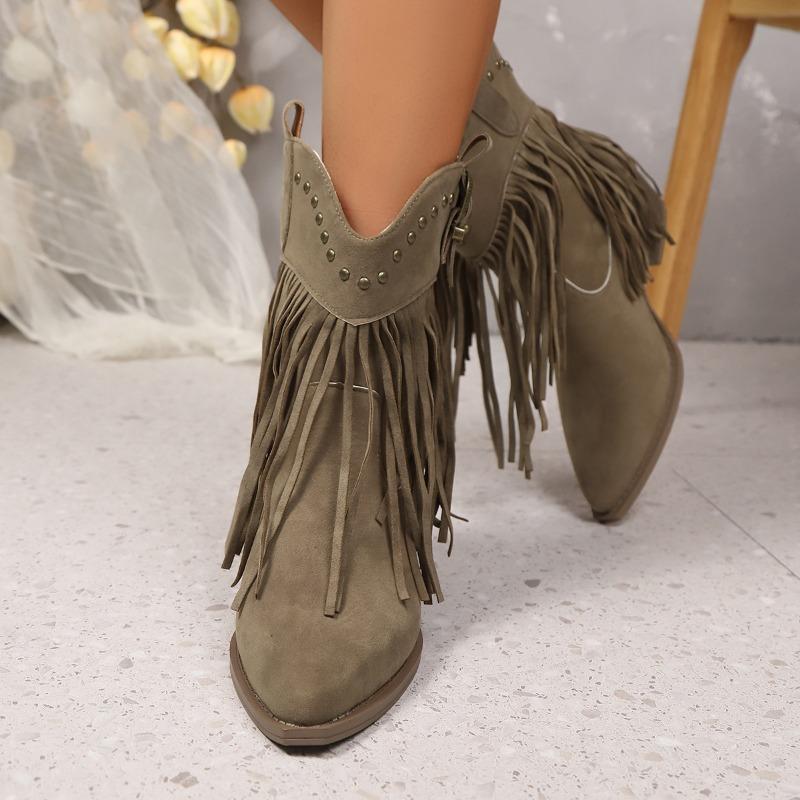 Large size short boots women's autumn new rivet western thick heel fringed boots pointed short boots