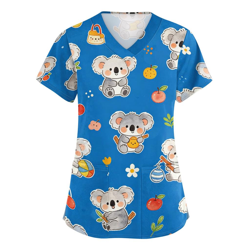 Women's V Neck Short Sleeve Work Top with Pockets Cute Animal Print Medical Scrub Shirt for Healthcare Professionals Nursing Uniform