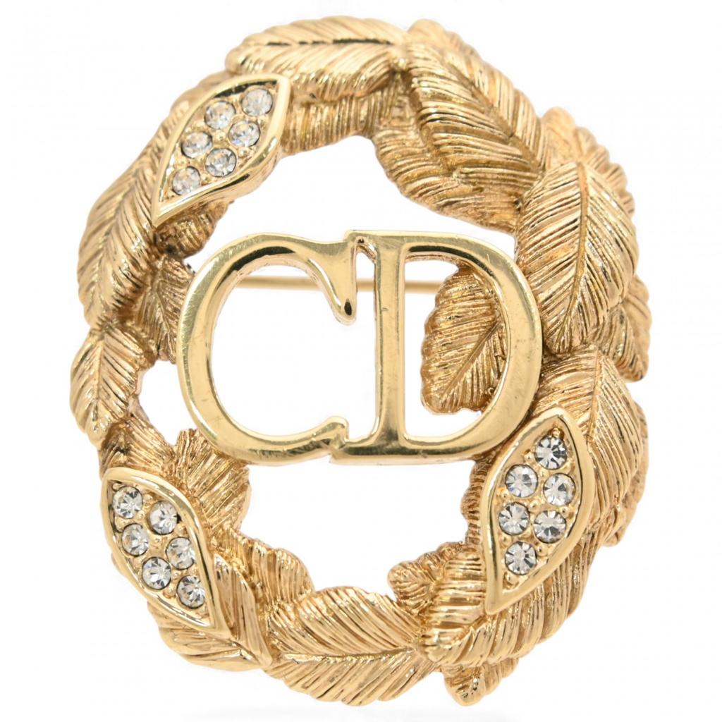 Auth DIOR Pave Leaf CD Logo Brooch Gold-Tone Metal Rhinestone Di4610bf