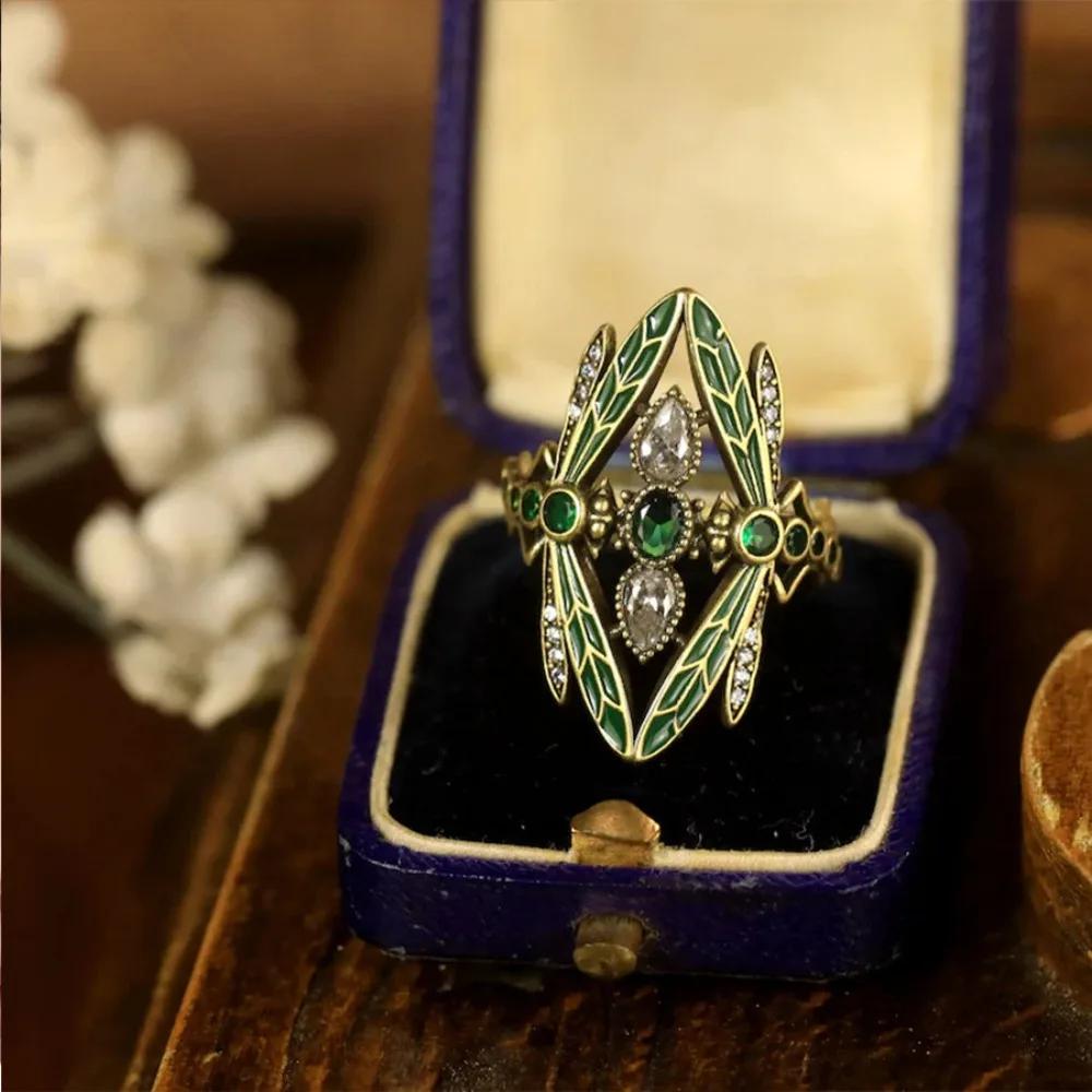 Retro Bohemia Green Glazed Crystal Dragonfly Wide Opening Adjustable Rings for Women Exquisite Luxury Jewelry Accessories Gifts