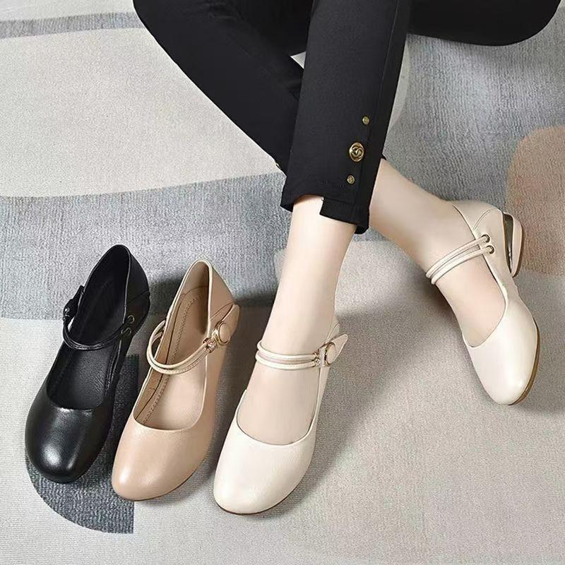 Soft Leather Single Shoes Women's Spring and Summer New Shallow Mouth Flat Bottom Low Heel Women's Leather Shoes Soft Sole Women's Shoes Summer Shoes