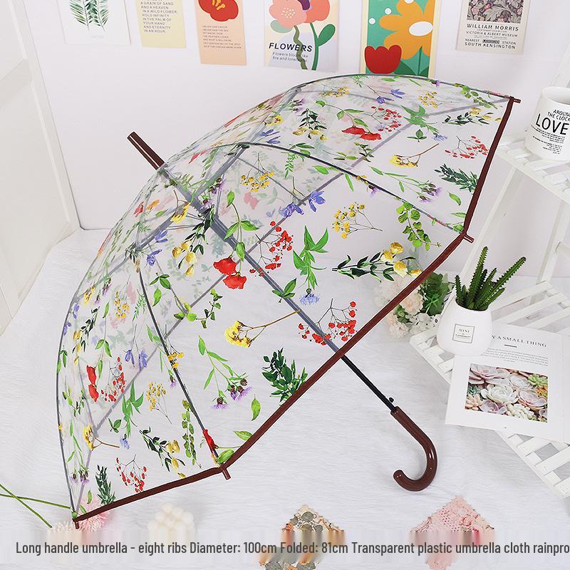 Japanese Forest Style Transparent Cherry Blossom Umbrella with Arched Long Handle for Students