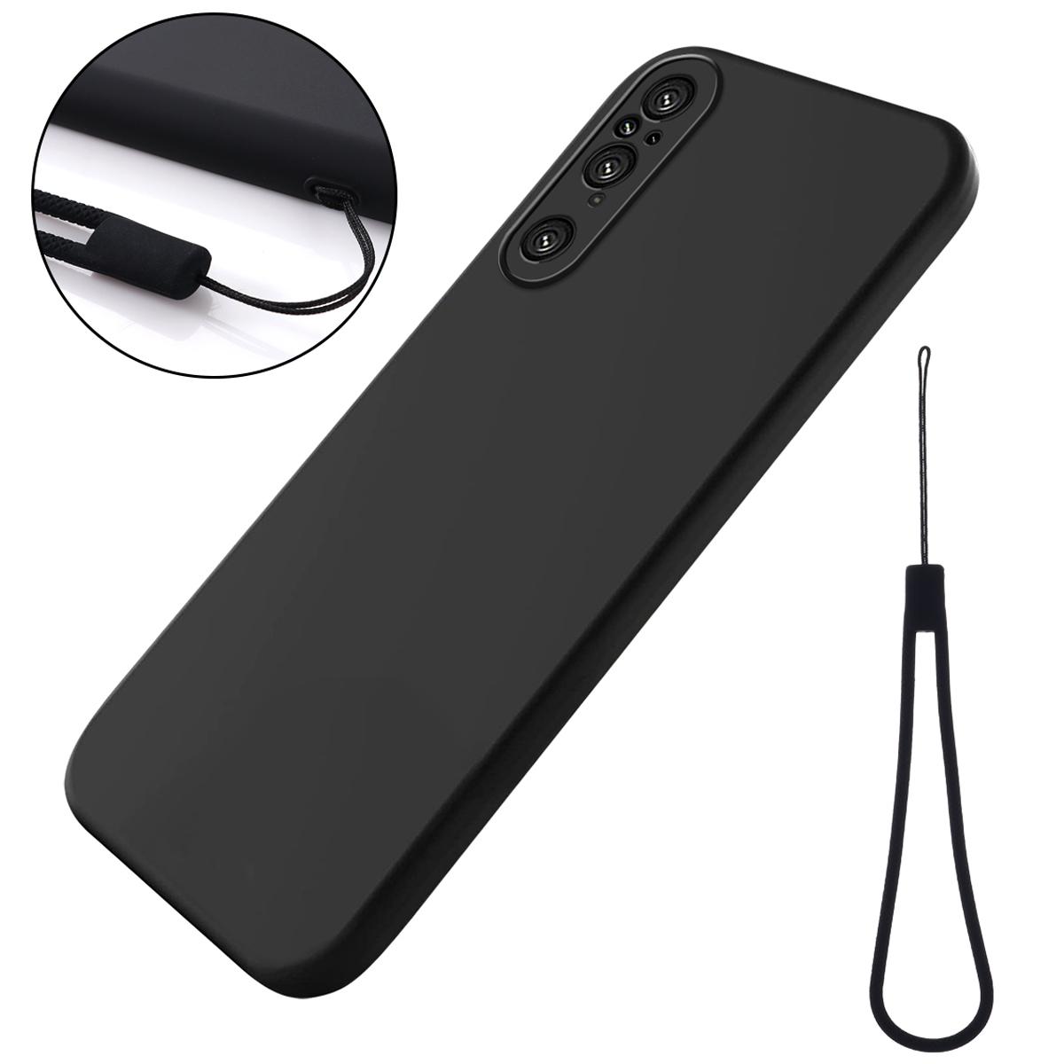 

Для Sony Xperia 1 V Чехол для телефона из жидкого силикона с мягкой подкладкой, противоударный чехол со шнурком Black