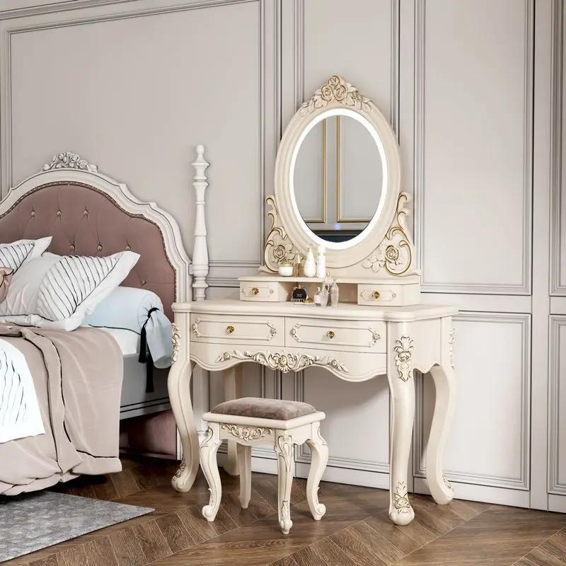 European Dressers Vanity Table Set with Mirror White Makeup Desk with Drawers & Stool - Small Wood Dressing Table for Bedroom